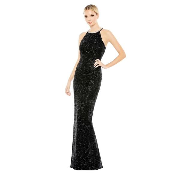 Mac Duggal Black Beaded Sleeveless High Neck Column Gown Rhinestone Collar Sz 14 - Picture 1 of 13